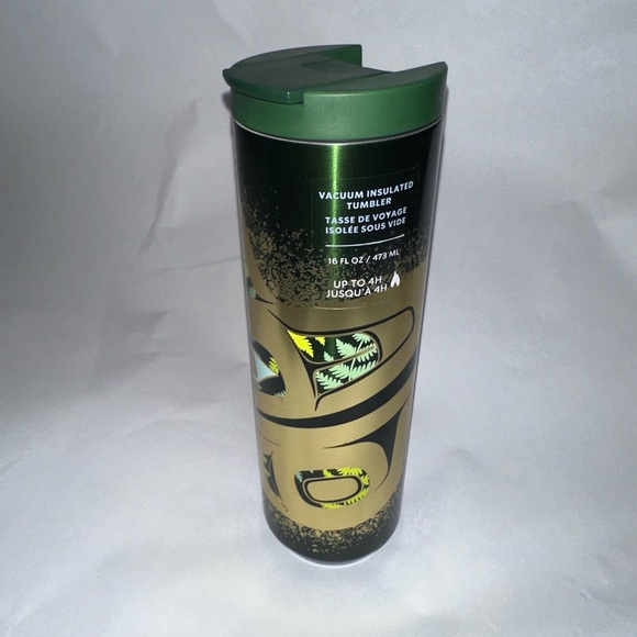 Starbucks Alison Bremner Winter 2024 metal hot insulated Tumbler 16 Oz green NEW - Picture 4 of 4